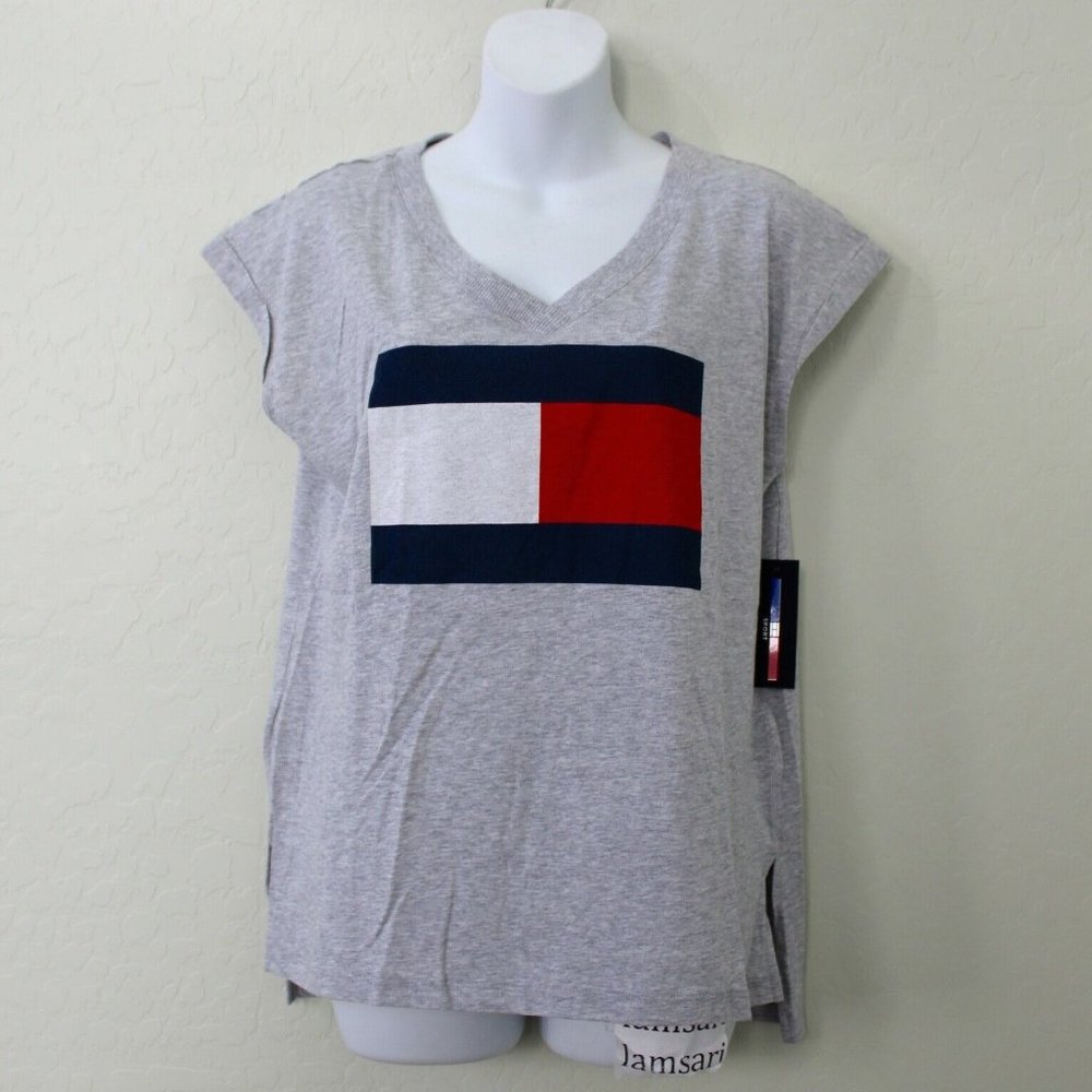Tommy Hilfiger Flag V-Neck Hi-Lo Split Hem T-Shirt Size L